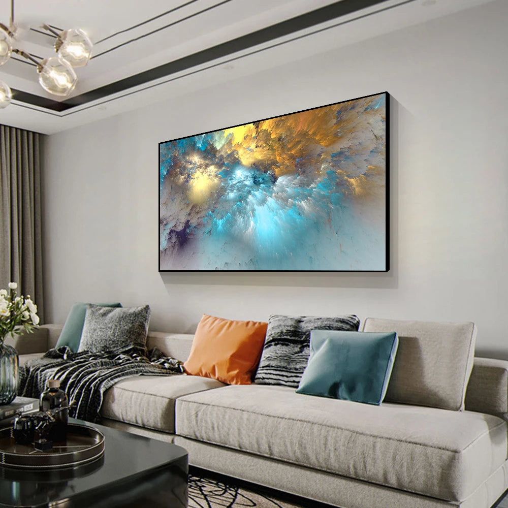 Home Room Decor Light Blue Gold Geometric Clouds Modern Abstract Canvas Decor Clouds Wall Canvas Abstract Art