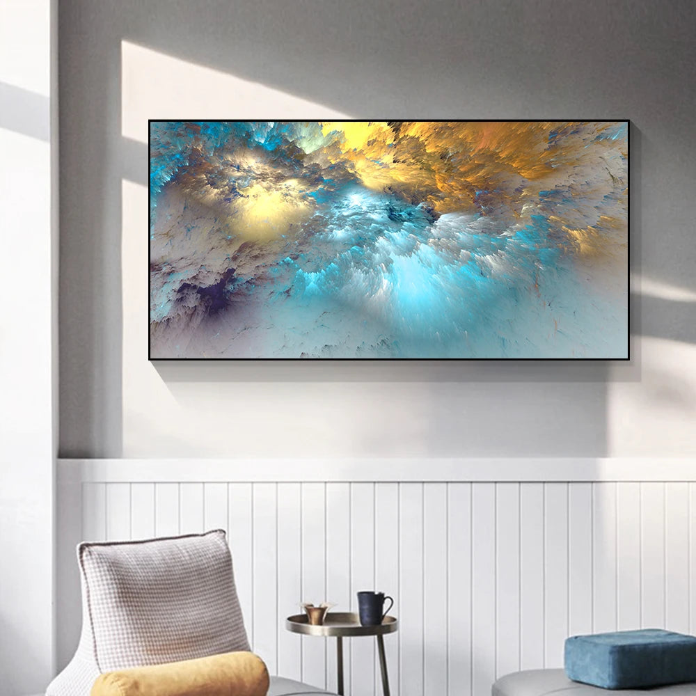 Home Room Decor Light Blue Gold Geometric Clouds Modern Abstract Canvas Decor Clouds Wall Canvas Abstract Art