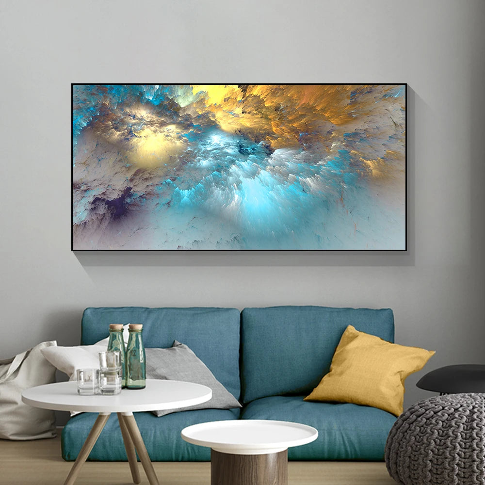 Home Room Decor Light Blue Gold Geometric Clouds Modern Abstract Canvas Decor Clouds Wall Canvas Abstract Art