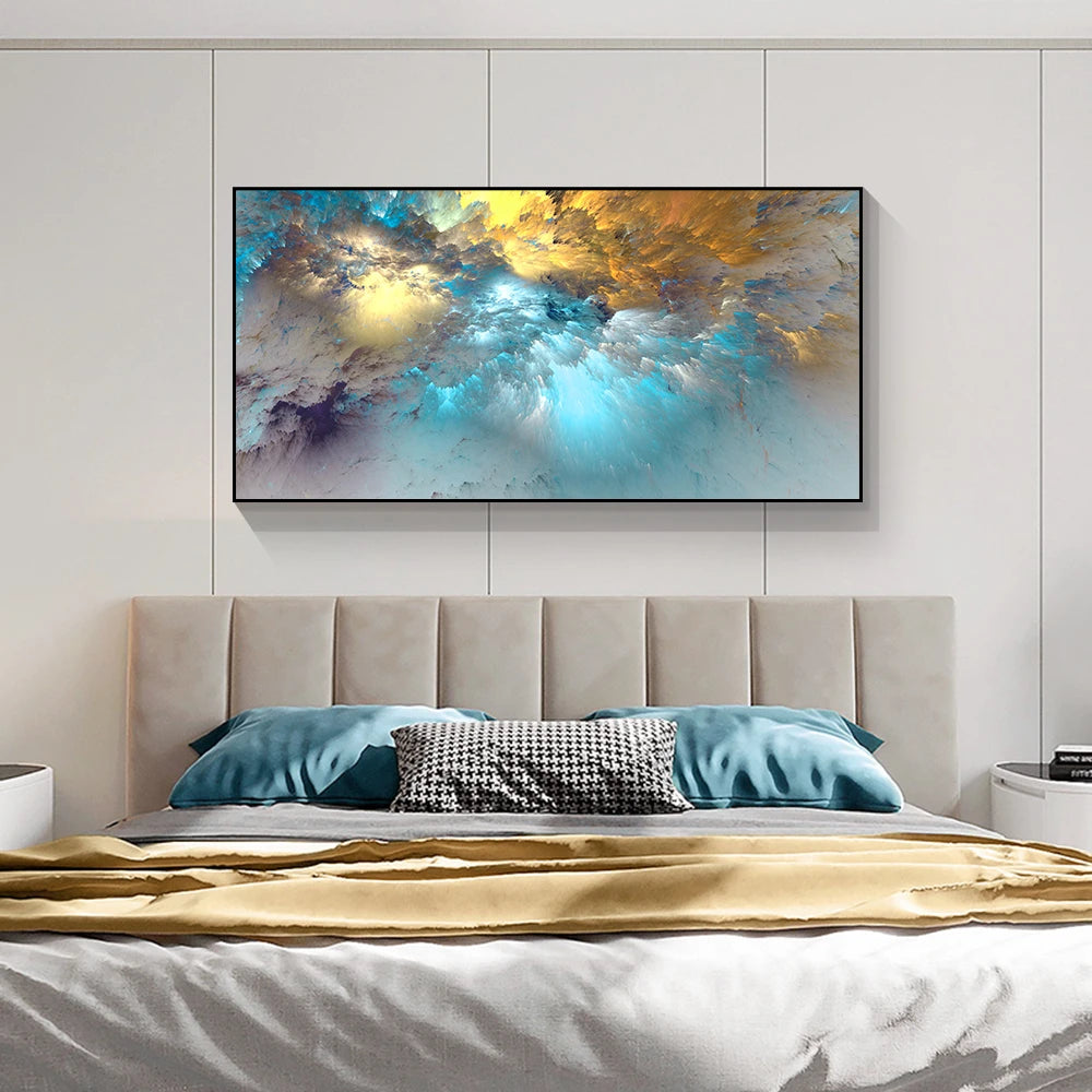 Home Room Decor Light Blue Gold Geometric Clouds Modern Abstract Canvas Decor Clouds Wall Canvas Abstract Art