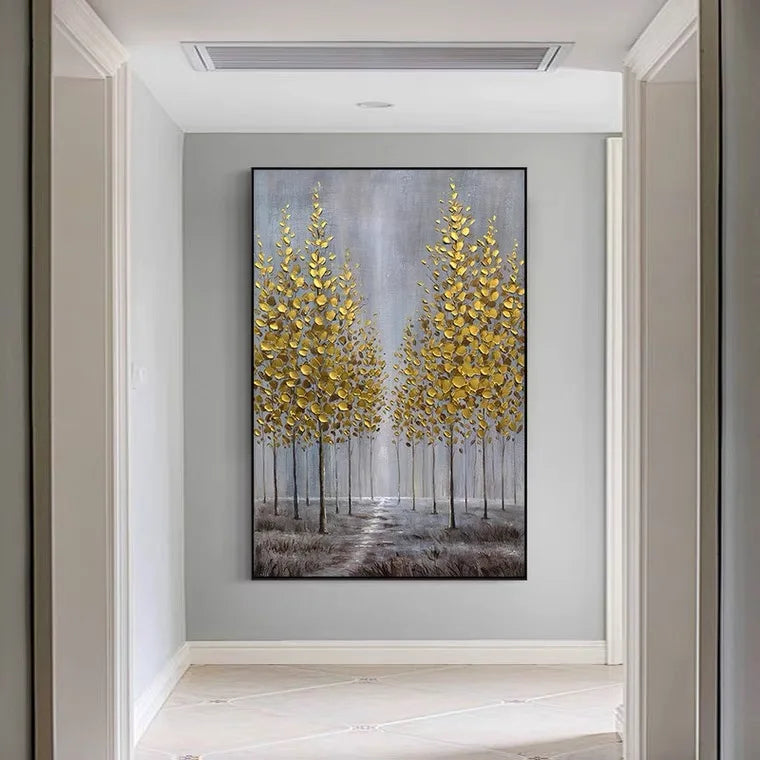 Modern Handmade Gold Tree Forest Landscape Porch Bedroom Wall Art Decor Canvas Painting for Living Room