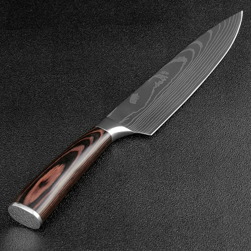 High quality 440C German Steel Kitchen Knife Damascus Laser Pattern Chef Knife Cleaver Filleting Santoku Knife Best Kitchen Tool