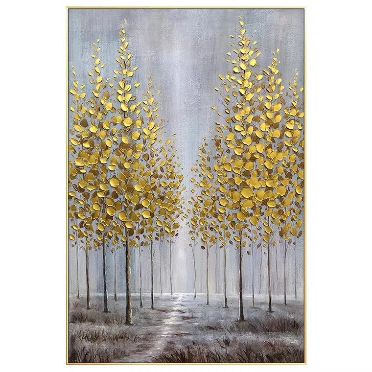 Modern Handmade Gold Tree Forest Landscape Porch Bedroom Wall Art Decor Canvas Painting for Living Room