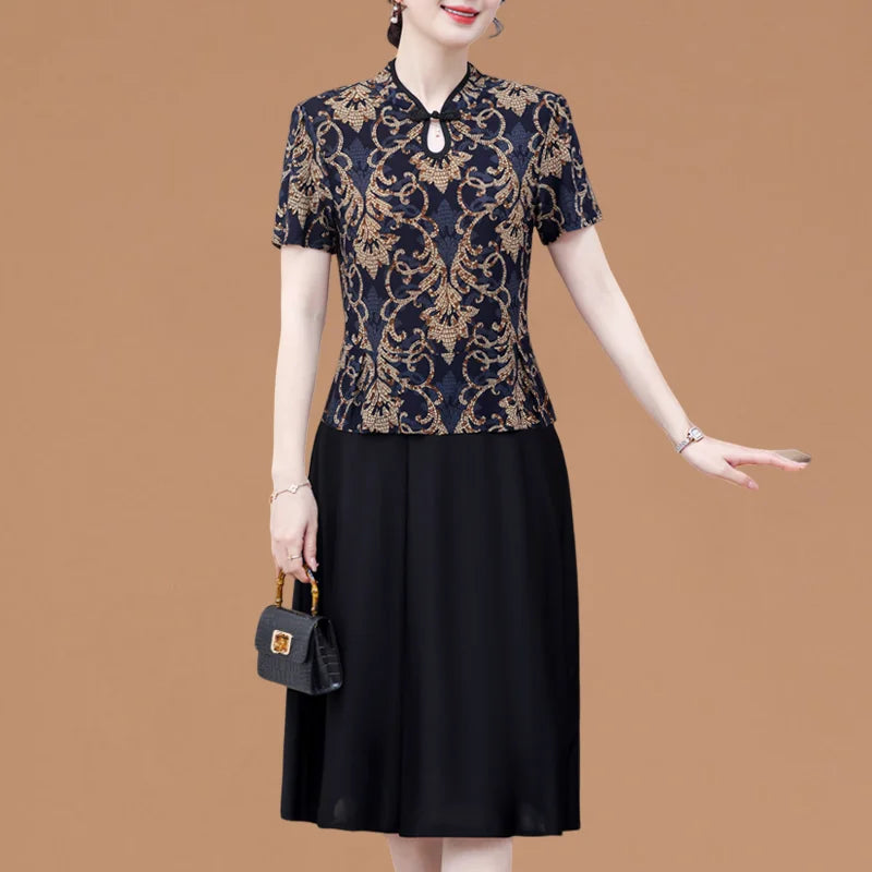 Mom's Summer New Style Cheongsam Elegant and Slimming Middle-aged Women's Wear Fake Two-piece Dress