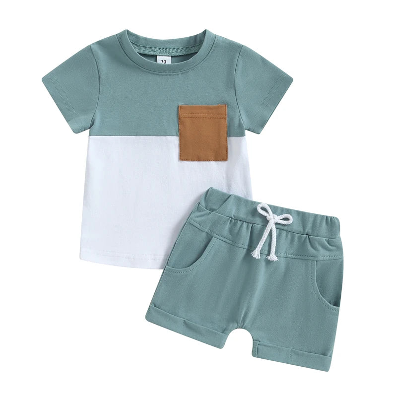 2023-02-01 Lioraitiin 0-3Years Toddler Boys 2Pcs Summer Outfit Sets Short Sleeve Contrast Color Tops Solid Drawstring Shorts