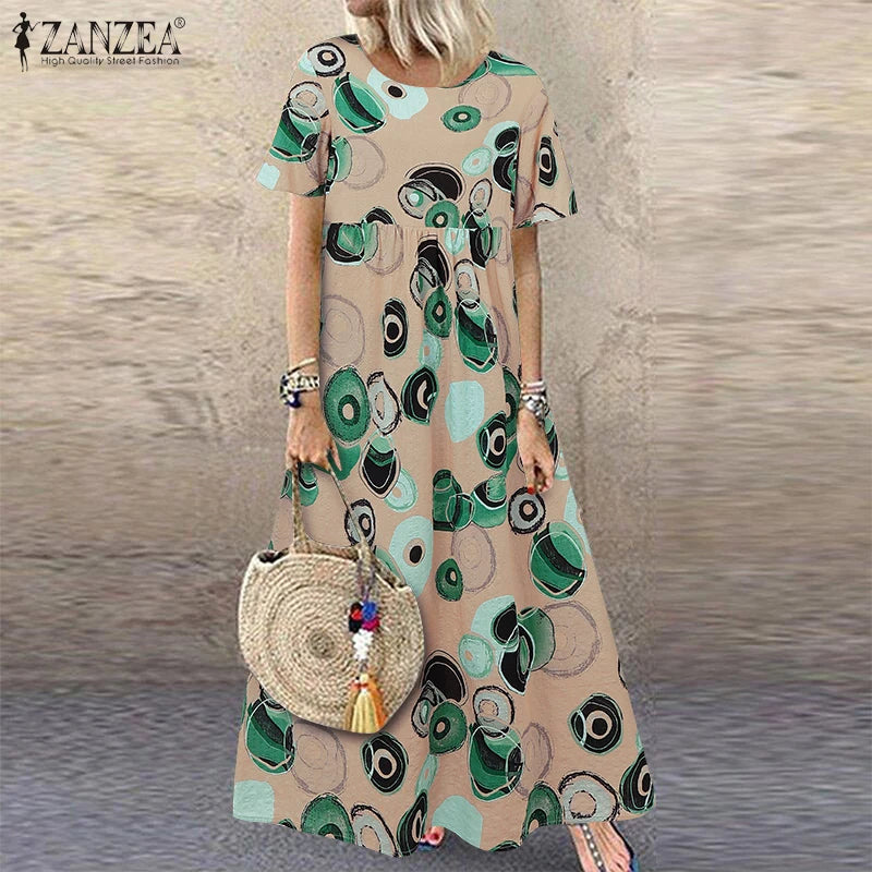 ZANZEA Short Sleeve Printing Maxi Dresses Casual Vacation Woman Bohemian A-line Robes Femme 2025 Summer Loose O-Neck Long Dress