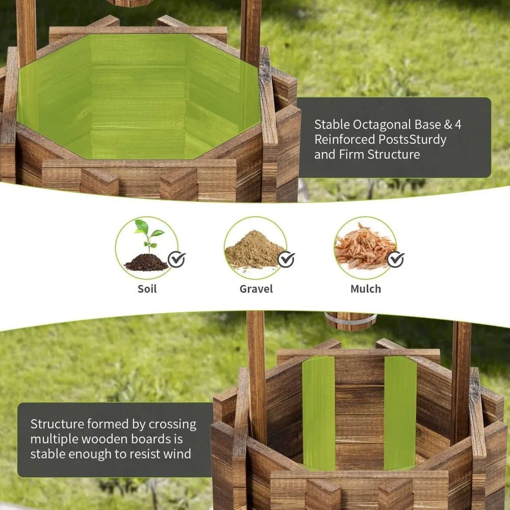 Aoxun Outdoor Wooden Wishing Well Planters with Hanging Bucket, Garden Helper, Rustic Garden Decor for Outside, Yard and Patio,