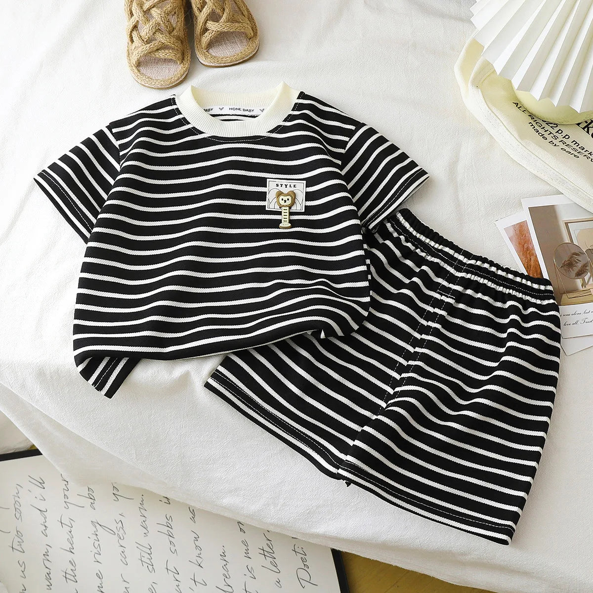 Children Boys Short Sleeves Suit Summer Stripe Kid Boy Outfit Infant Baby Boys Top+cotton Shorts Tracksuits Toddler Girl Clothes