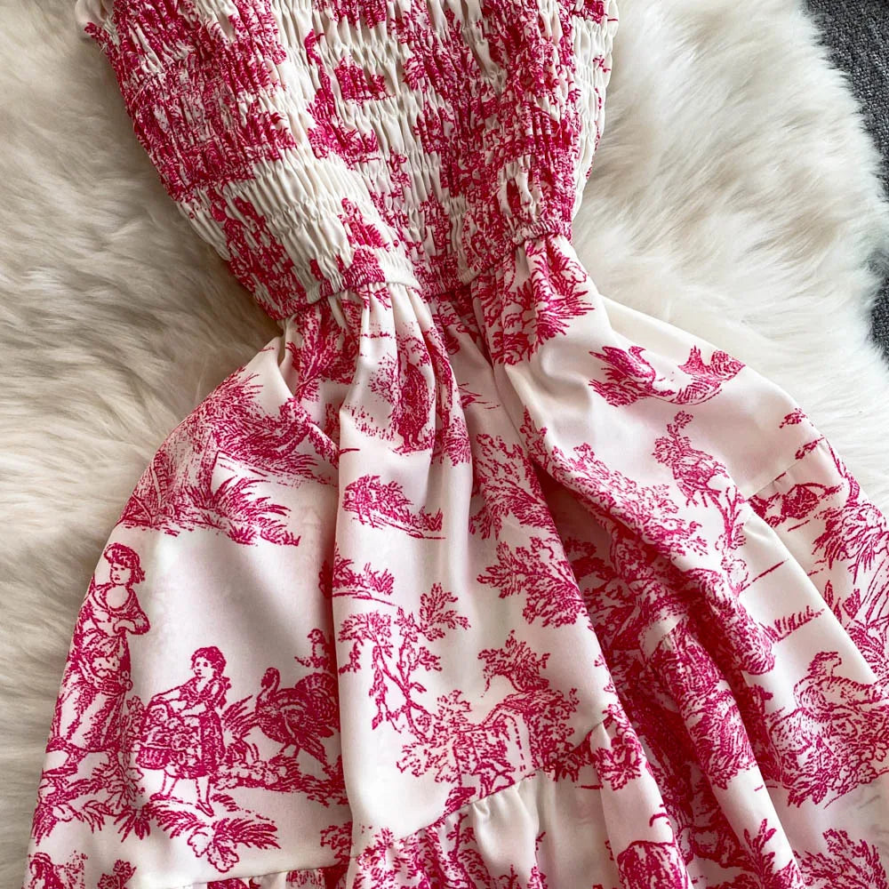 2025 New Summer Pink/Purple Flower Print Romantic Retro Party Dress Elastic High Waist Vacation Long Dress Beach Vestido