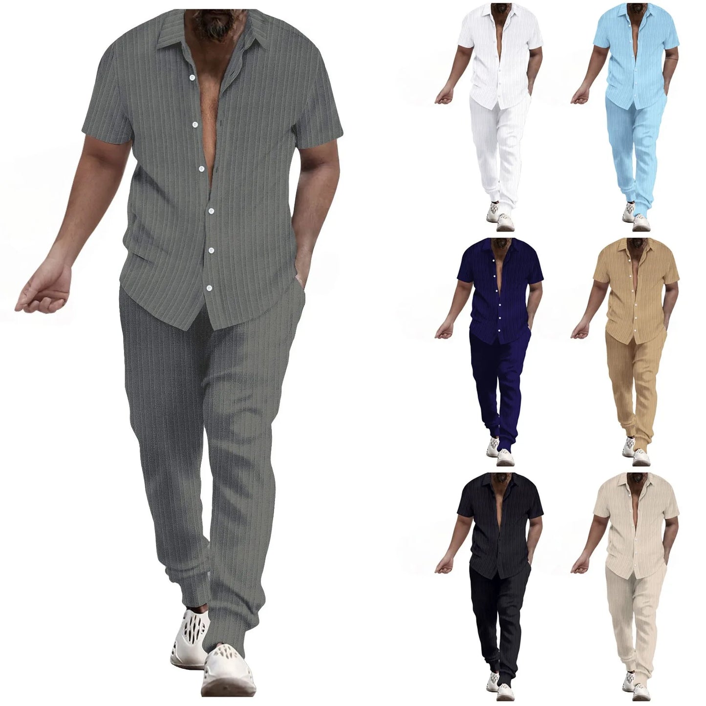 Mens Shirt Casual Short Sleeve Cardigan Blouse Top Pants Beach Suit Summer Two Piece Set Fashion Clothing For Man Ropa Hombre