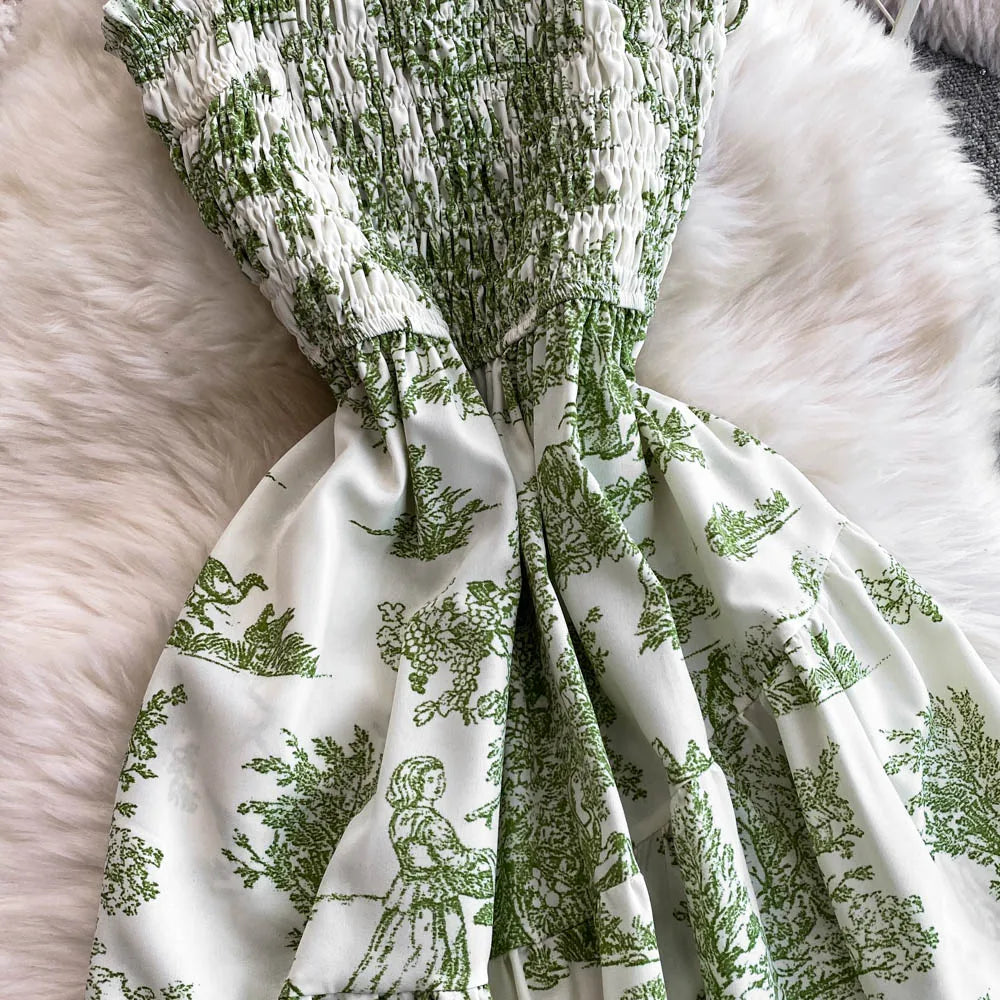2025 New Summer Pink/Purple Flower Print Romantic Retro Party Dress Elastic High Waist Vacation Long Dress Beach Vestido
