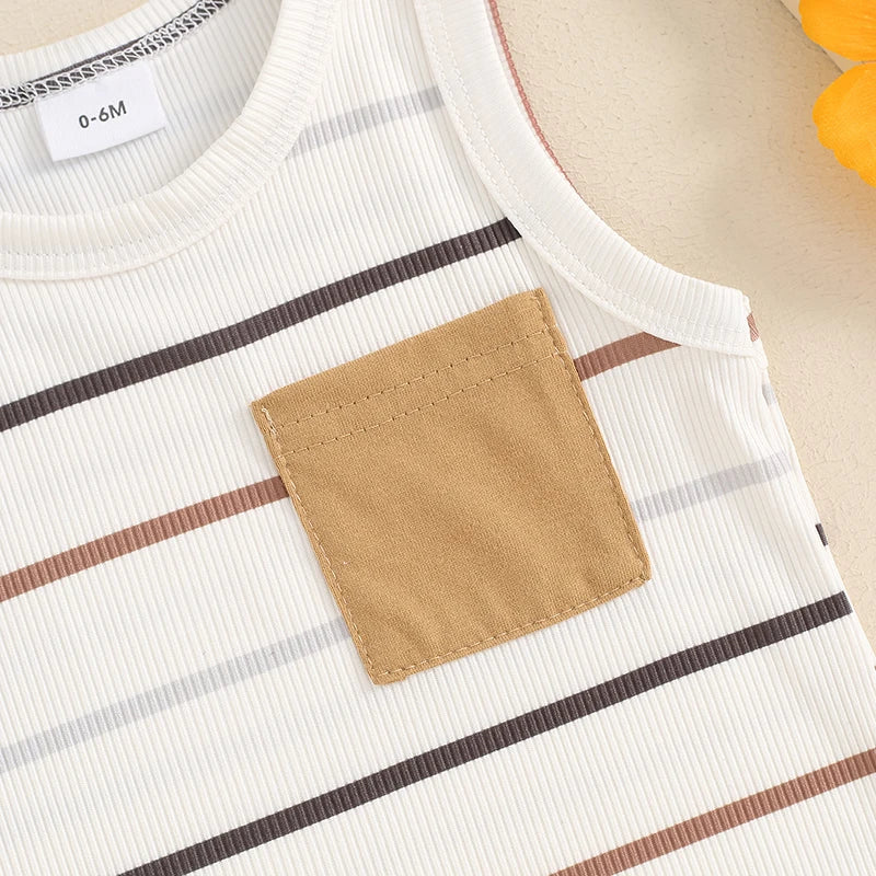 2024-03-13 lioraitiin Toddler Baby Boy Ribbed Outfits Striped Sleeveless Round Neck Tank Tops + Elastic Waist Shorts Summer Set