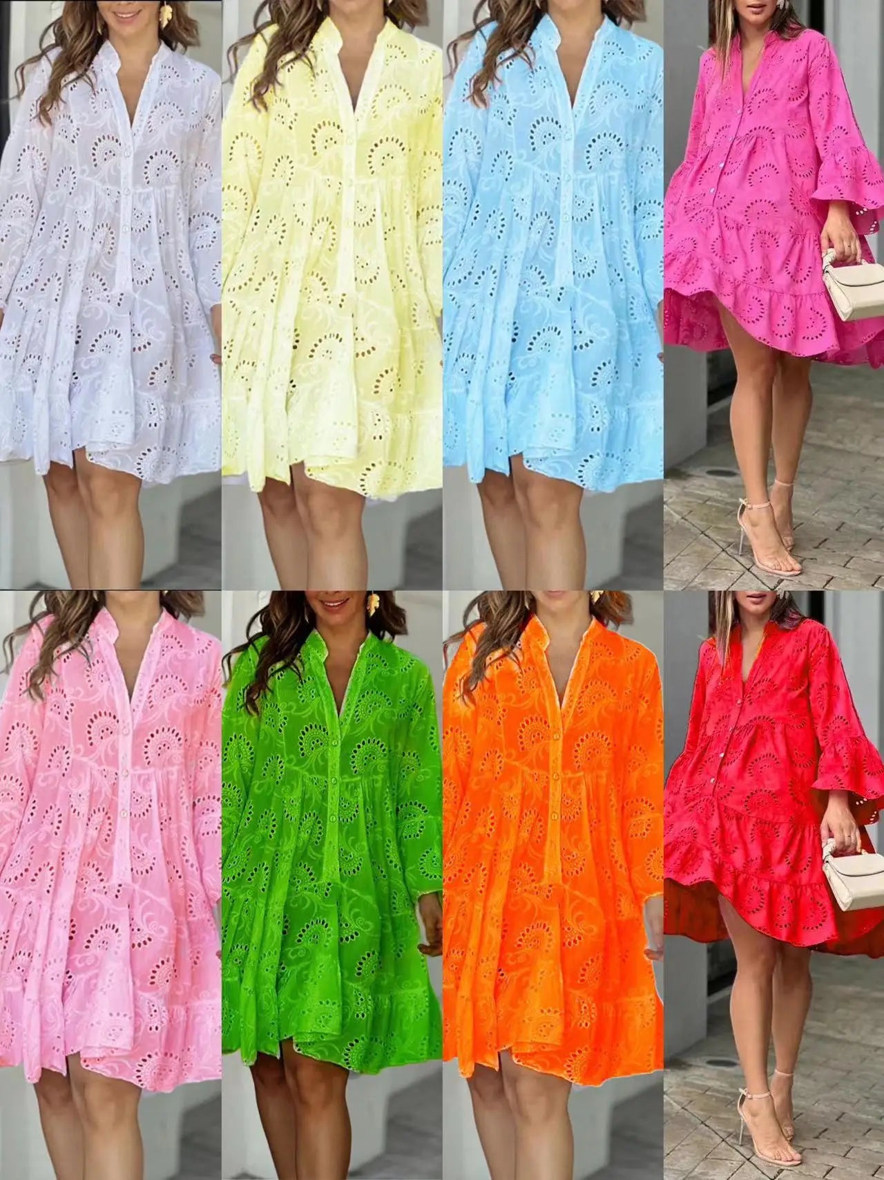 Summer Elegant Vintage Solid Lace Dress V-neck Loose Hollow Out Pattern Embroidery Vestidos Women Beach Sexy Mini White Dresses