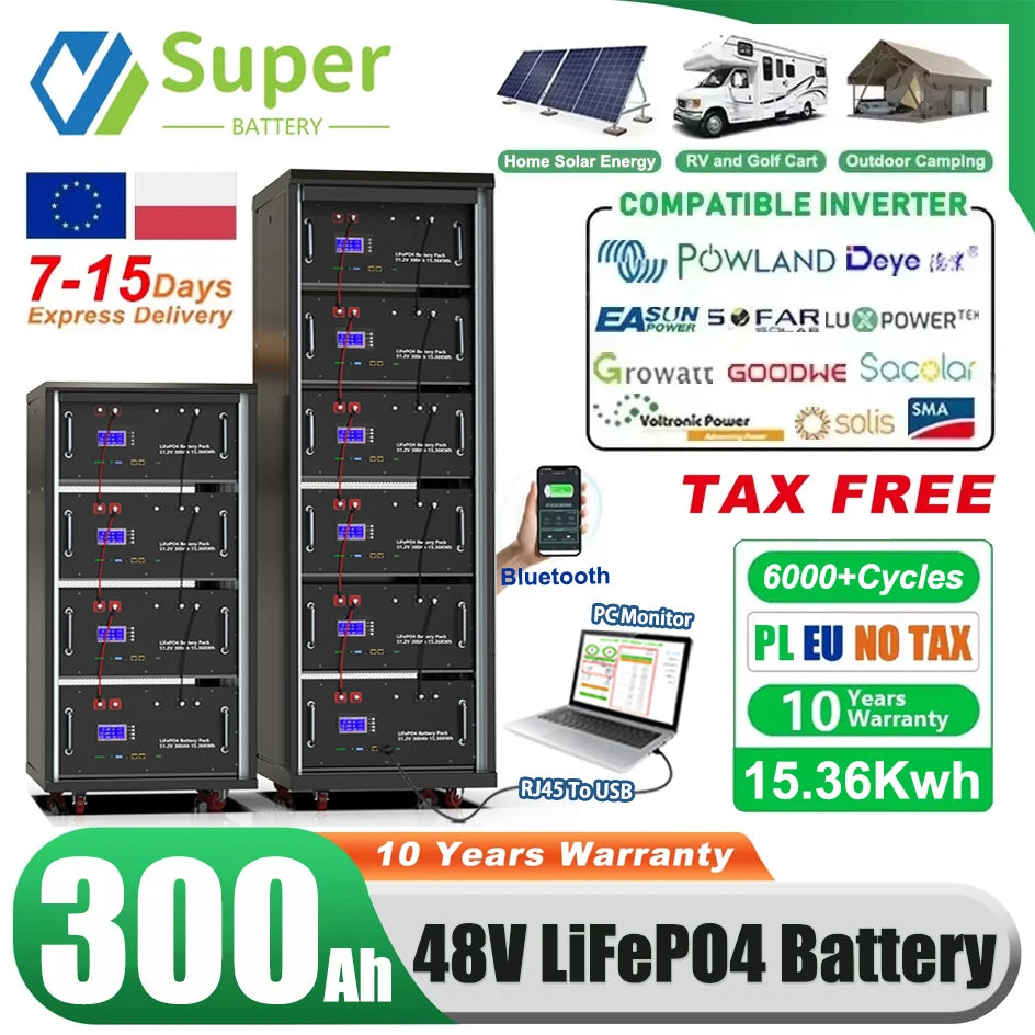 LiFePO4 48V 300Ah 15Kwh Battery Pack 6000 Cycles 51.2V BMS 100Ah 120Ah 150Ah 200Ah Solar Energy Storage Lithium Battery EU STOCK