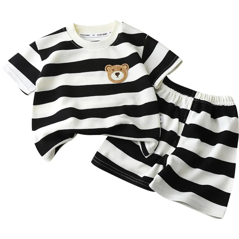 Children Boys Short Sleeves Suit Summer Stripe Kid Boy Outfit Infant Baby Boys Top+cotton Shorts Tracksuits Toddler Girl Clothes