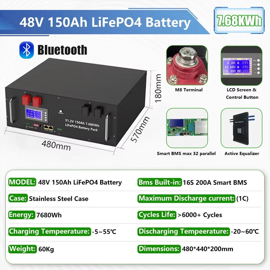 LiFePO4 48V 300Ah 15Kwh Battery Pack 6000 Cycles 51.2V BMS 100Ah 120Ah 150Ah 200Ah Solar Energy Storage Lithium Battery EU STOCK