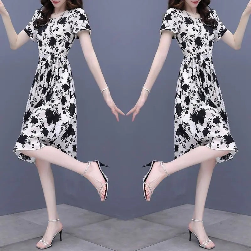 Breathable Chiffon Floral Print Dress V Neck Slim Fit With Ruffles