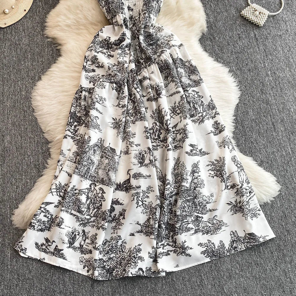 2025 New Summer Pink/Purple Flower Print Romantic Retro Party Dress Elastic High Waist Vacation Long Dress Beach Vestido