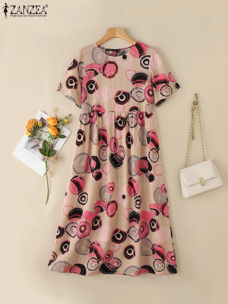 ZANZEA Short Sleeve Printing Maxi Dresses Casual Vacation Woman Bohemian A-line Robes Femme 2025 Summer Loose O-Neck Long Dress