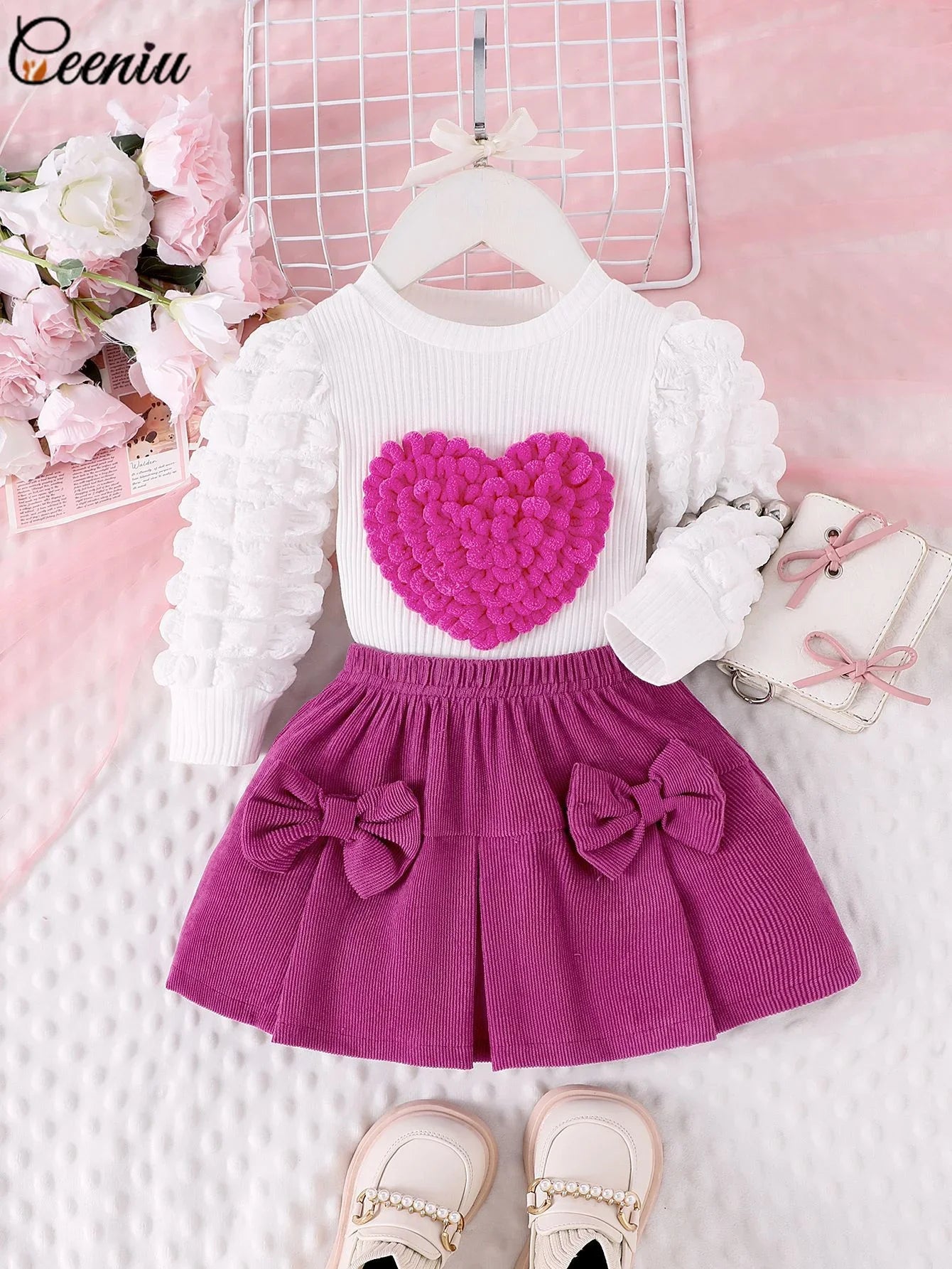 Baby Girl Outfit 0-3Y Pink Heart & Rose 3pcs Set High Neck Top Bow Skirt Hat Toddler Clothing Ensemble for Girls