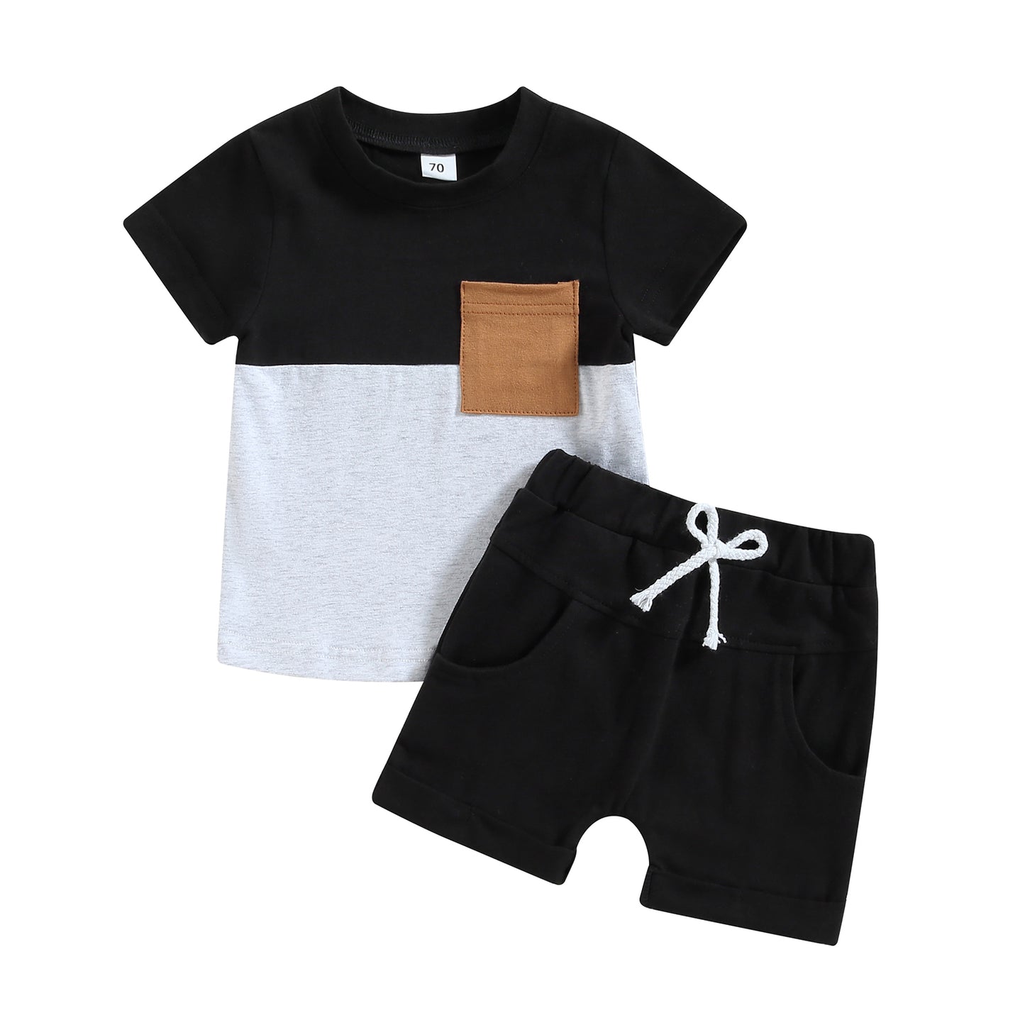 2023-02-01 Lioraitiin 0-3Years Toddler Boys 2Pcs Summer Outfit Sets Short Sleeve Contrast Color Tops Solid Drawstring Shorts
