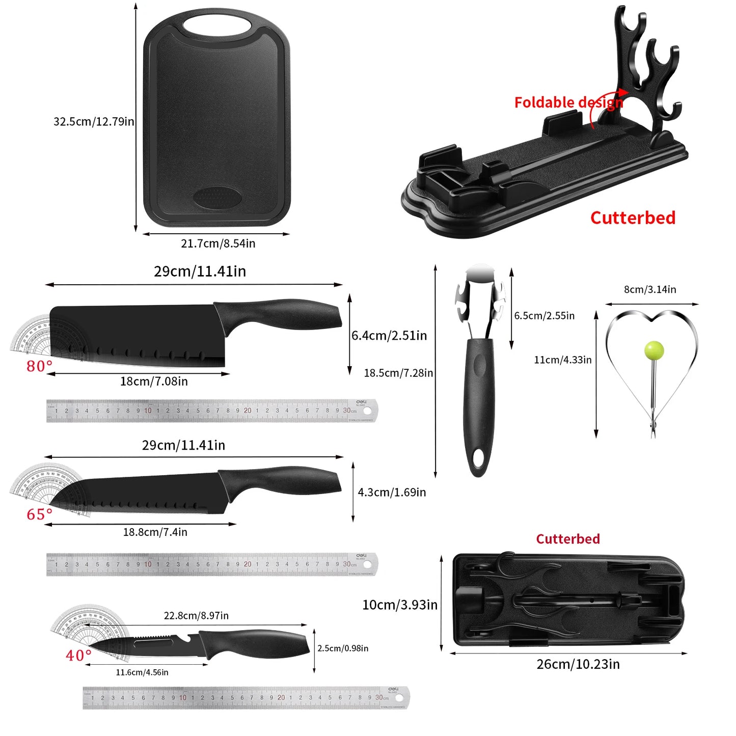5/7-Piece Black Kitchen Knife Set - Professional Chef Knife, Fruit Knife, Meat Cleaver, Cutting Board, Heart-Shaped Egg Mold