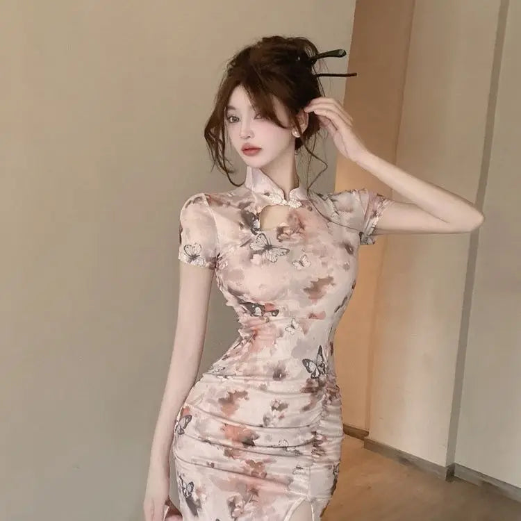 2025 Summer Women's Chinese-style Young Fashion Daily Slim-fit Lotus Leaf Edge Elegant Short-sleeved Cheongsam Dress