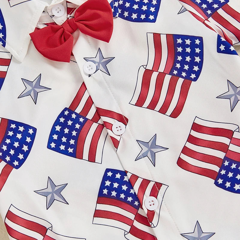 Infant Boy Independence Day Apparel Red White Blue Star Stripe Print Bowtie Top Shorts Set Kids Clothing for July 4th