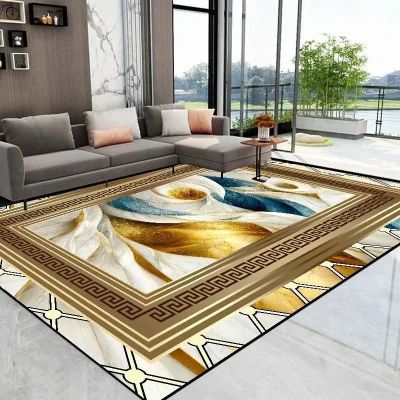 Opulent Golden Abstract Floor Mat Modern Carpet for Living Room Coffee Table Luxurious Rug for Room Decor Perfect Stylish Spaces