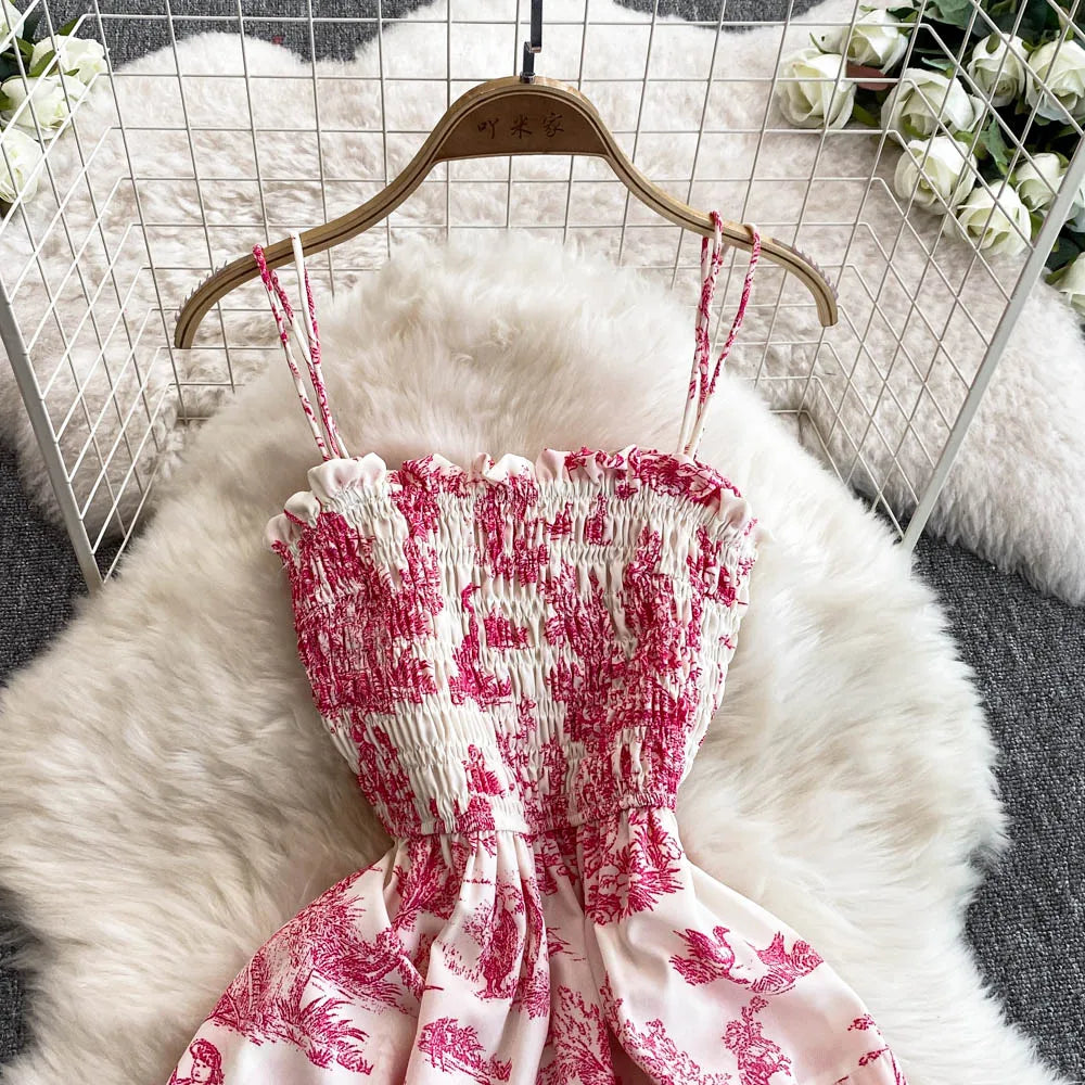 2025 New Summer Pink/Purple Flower Print Romantic Retro Party Dress Elastic High Waist Vacation Long Dress Beach Vestido