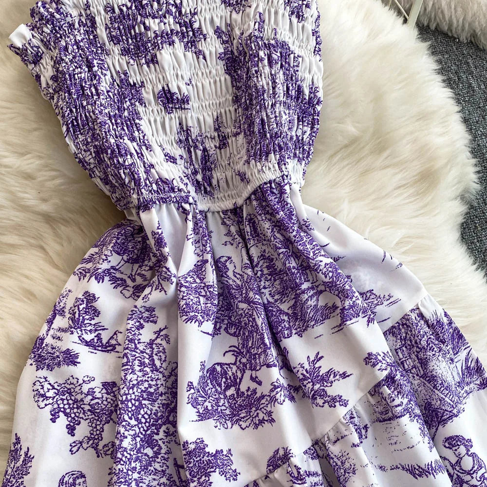 2025 New Summer Pink/Purple Flower Print Romantic Retro Party Dress Elastic High Waist Vacation Long Dress Beach Vestido