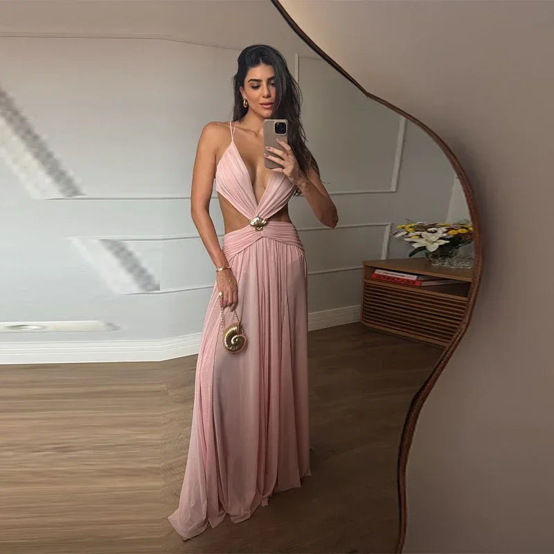 Sexy Hollow Out Bikini Long Dress Mesh Backless Lace Up Sleeveless Female Dresses 2025 Summer Lady A-line Pleat Robe Beach