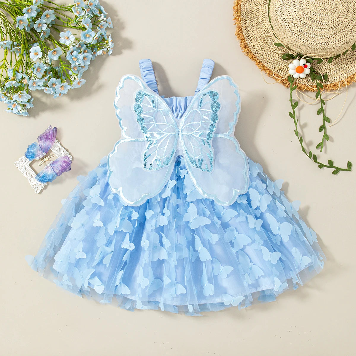 Summer New Butterfly Wing Baby Girl Dress, Princess Style Birthday Party Children'S Clothing (9 Months -3 Years Old)