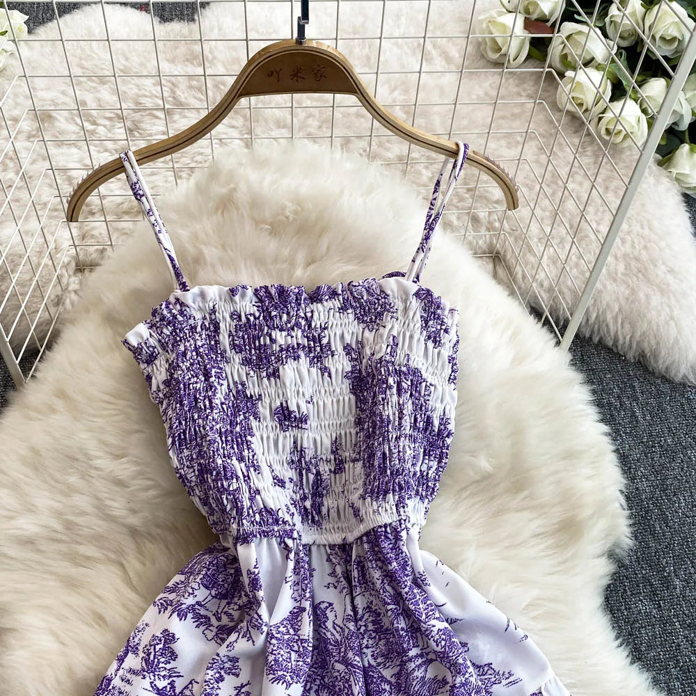 2025 New Summer Pink/Purple Flower Print Romantic Retro Party Dress Elastic High Waist Vacation Long Dress Beach Vestido