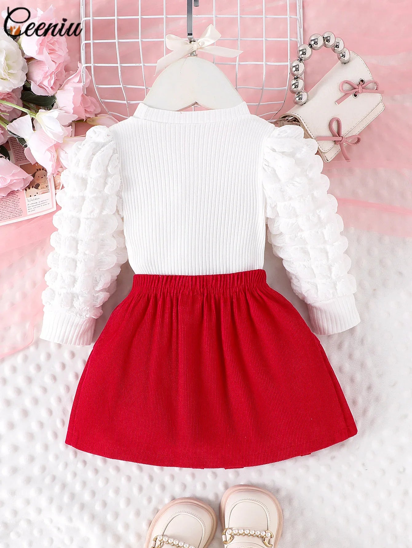 Baby Girl Outfit 0-3Y Pink Heart & Rose 3pcs Set High Neck Top Bow Skirt Hat Toddler Clothing Ensemble for Girls