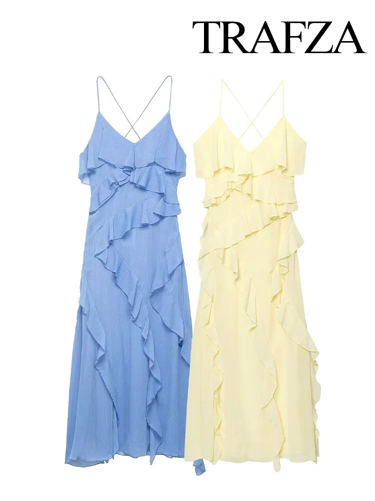 TRAFZA Woman Elegant Chic Zipper Beach Party Dress Summer Women Sexy V-Neck Sleeveless Backless Wrinkles Decorate Midi Dress