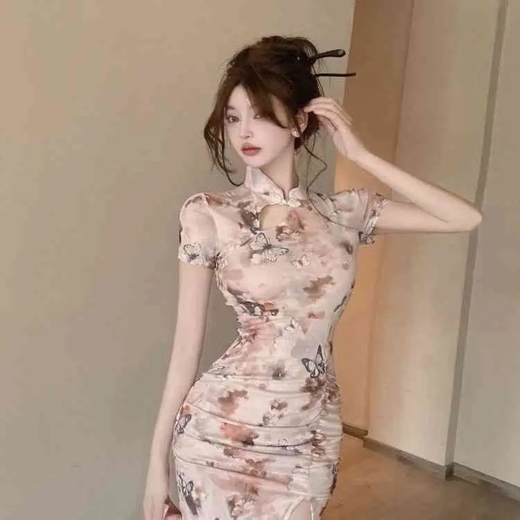 2025 Summer Women's Chinese-style Young Fashion Daily Slim-fit Lotus Leaf Edge Elegant Short-sleeved Cheongsam Dress