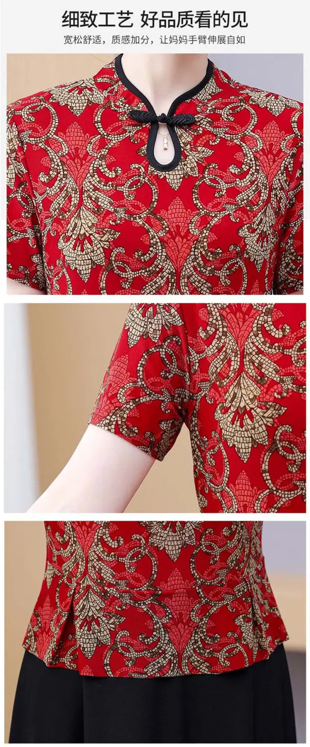 Mom's Summer New Style Cheongsam Elegant and Slimming Middle-aged Women's Wear Fake Two-piece Dress