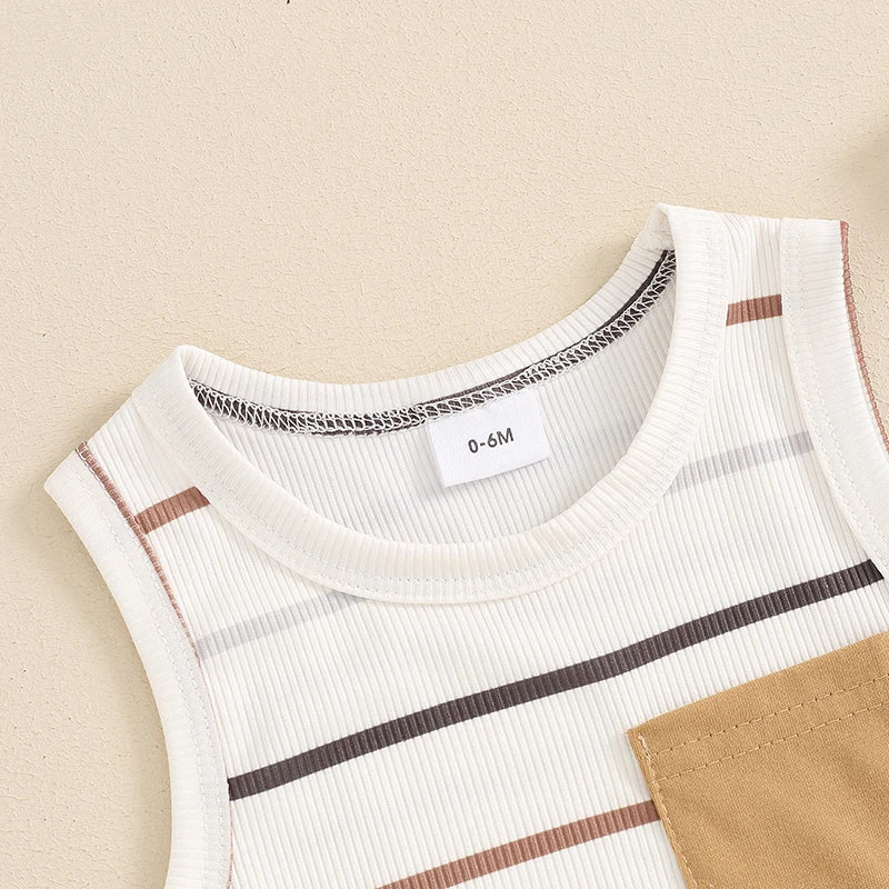 2024-03-13 lioraitiin Toddler Baby Boy Ribbed Outfits Striped Sleeveless Round Neck Tank Tops + Elastic Waist Shorts Summer Set
