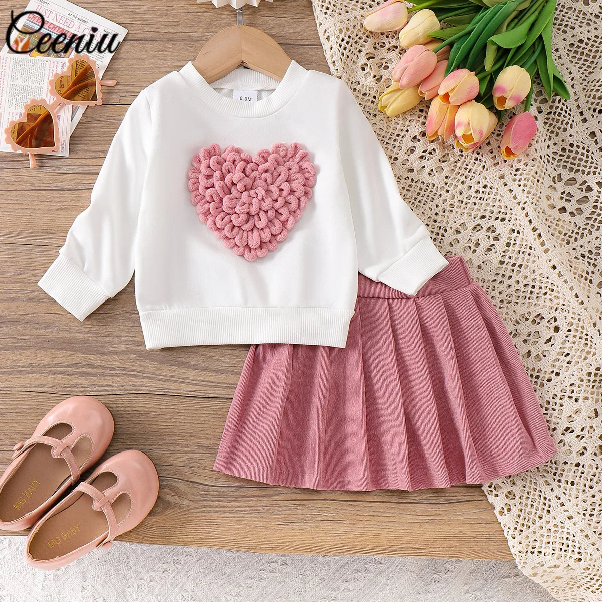 Baby Girl Outfit 0-3Y Pink Heart & Rose 3pcs Set High Neck Top Bow Skirt Hat Toddler Clothing Ensemble for Girls