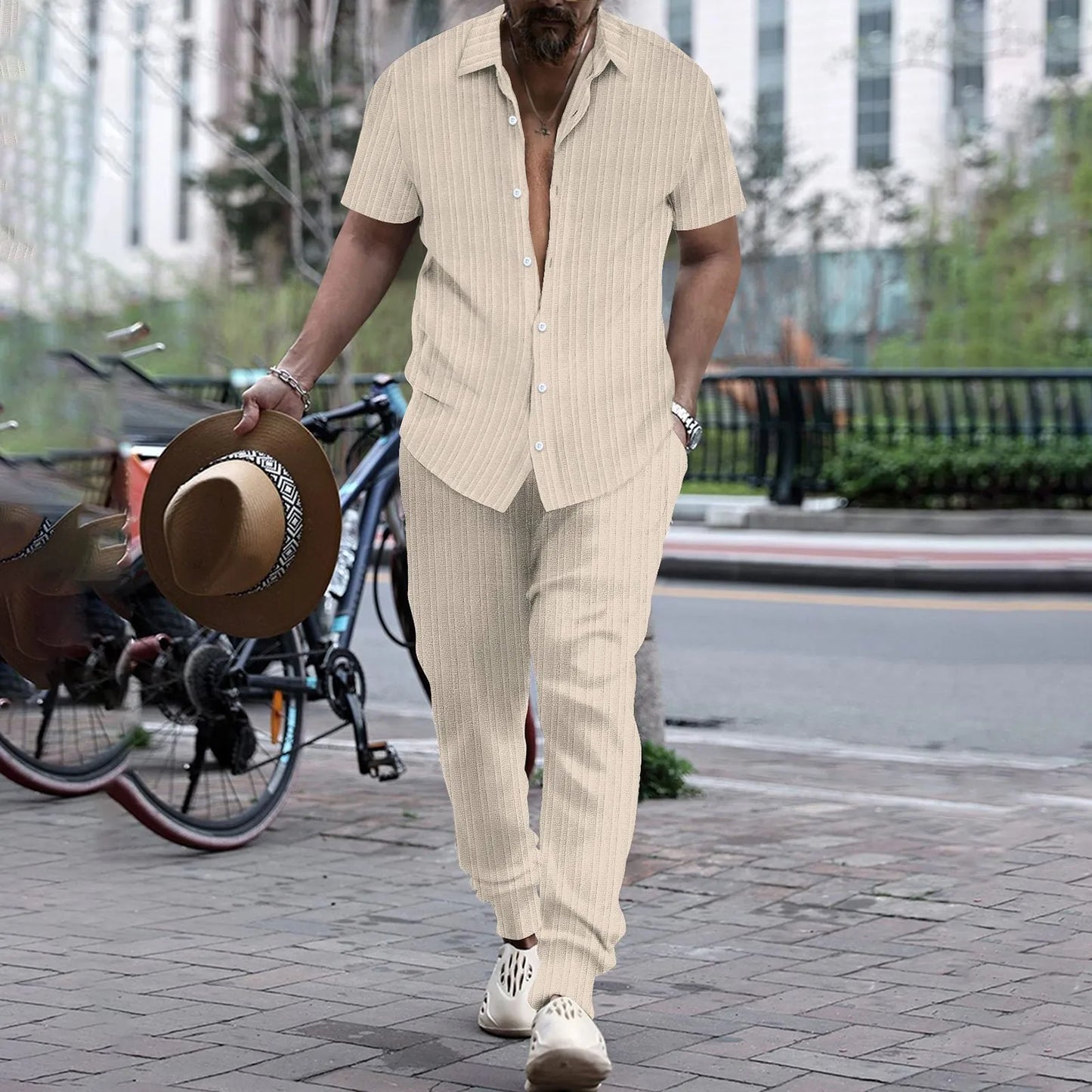 Mens Shirt Casual Short Sleeve Cardigan Blouse Top Pants Beach Suit Summer Two Piece Set Fashion Clothing For Man Ropa Hombre