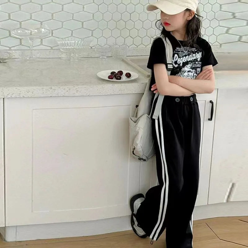 Girls' summer casual suit, new children's fashionable T-shirt, casual pants, summer dress, foreign short-sleeved two-piece set,