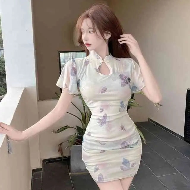 2025 Summer Women's Chinese-style Young Fashion Daily Slim-fit Lotus Leaf Edge Elegant Short-sleeved Cheongsam Dress