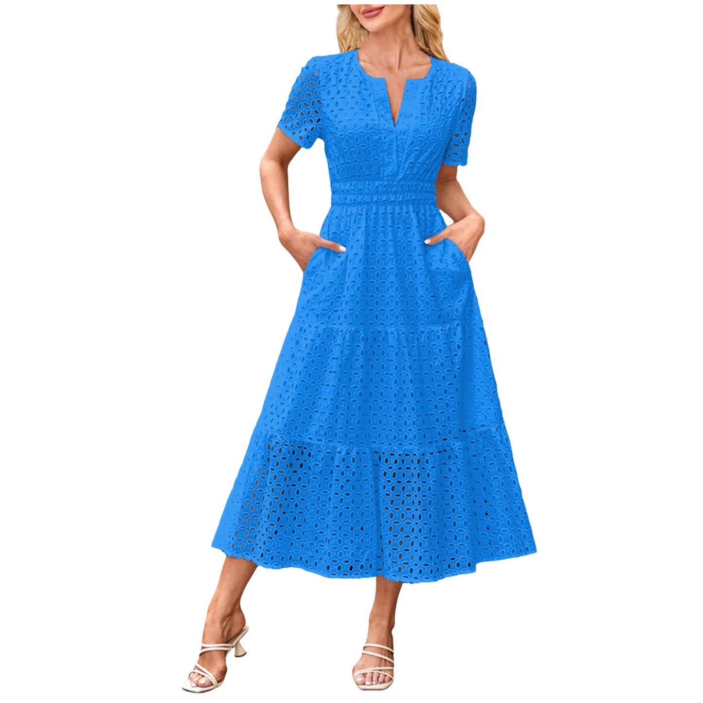 Women'S Summer Short Sleeved Long Dress Trendy V-Neck Hollow Eyelets Ruffle Hem A-Line Dress Pockets Female Temperament Dresses