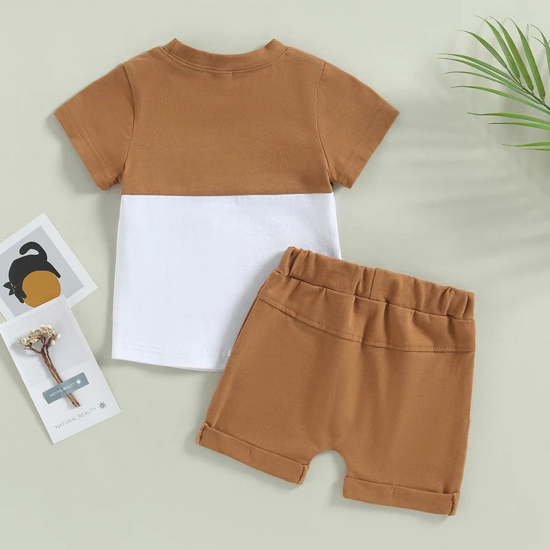 2023-02-01 Lioraitiin 0-3Years Toddler Boys 2Pcs Summer Outfit Sets Short Sleeve Contrast Color Tops Solid Drawstring Shorts