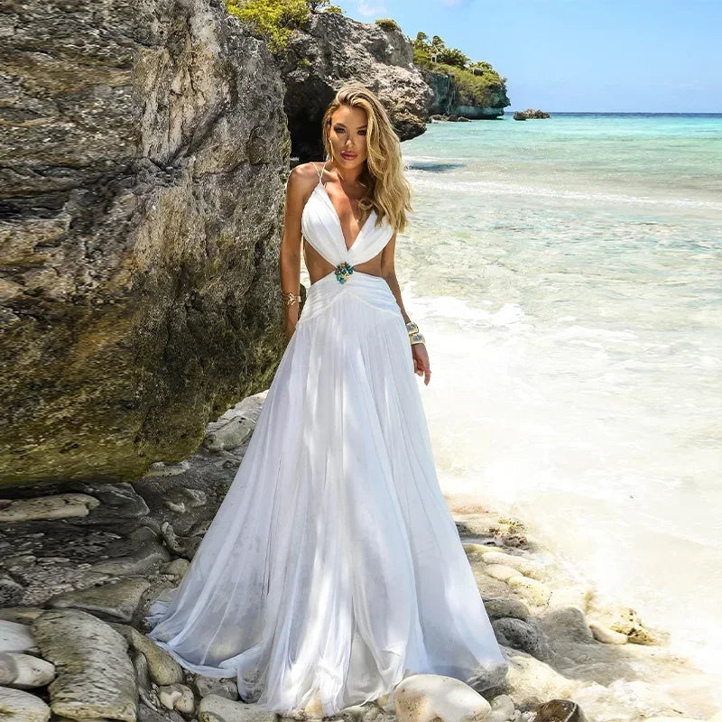 Sexy Hollow Out Bikini Long Dress Mesh Backless Lace Up Sleeveless Female Dresses 2025 Summer Lady A-line Pleat Robe Beach