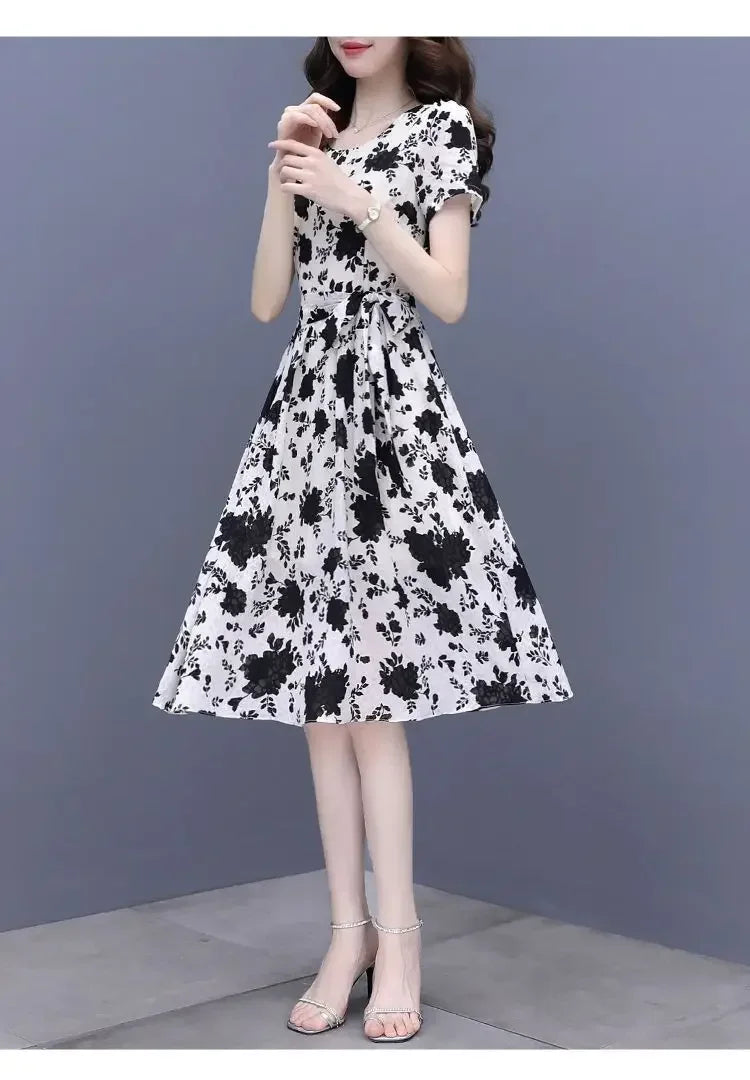 Breathable Chiffon Floral Print Dress V Neck Slim Fit With Ruffles