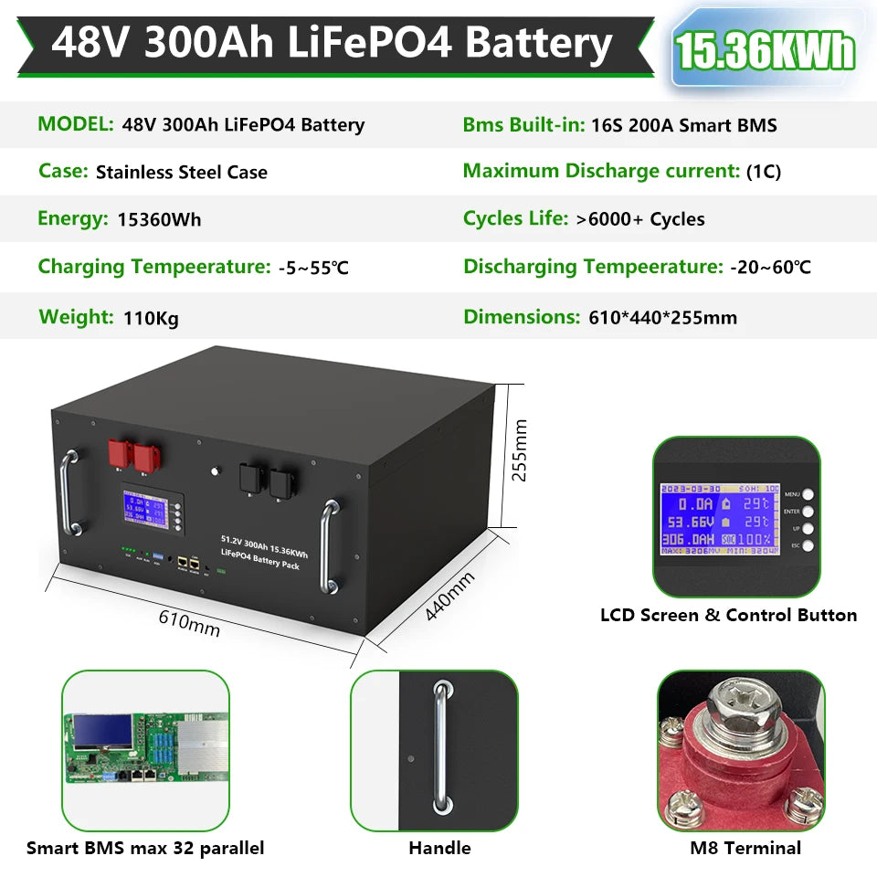 LiFePO4 48V 300Ah 15Kwh Battery Pack 6000 Cycles 51.2V BMS 100Ah 120Ah 150Ah 200Ah Solar Energy Storage Lithium Battery EU STOCK