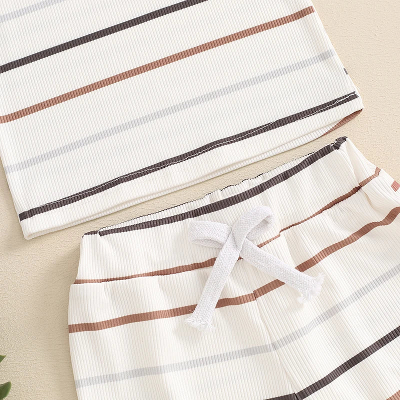2024-03-13 lioraitiin Toddler Baby Boy Ribbed Outfits Striped Sleeveless Round Neck Tank Tops + Elastic Waist Shorts Summer Set