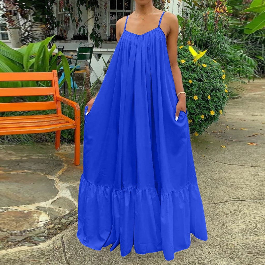 Spring Dress For Women Sexy Solid Strap Dress Pocket Loose Backless Big Swing Dresses Holiday Dresses For Women Wedding Guest